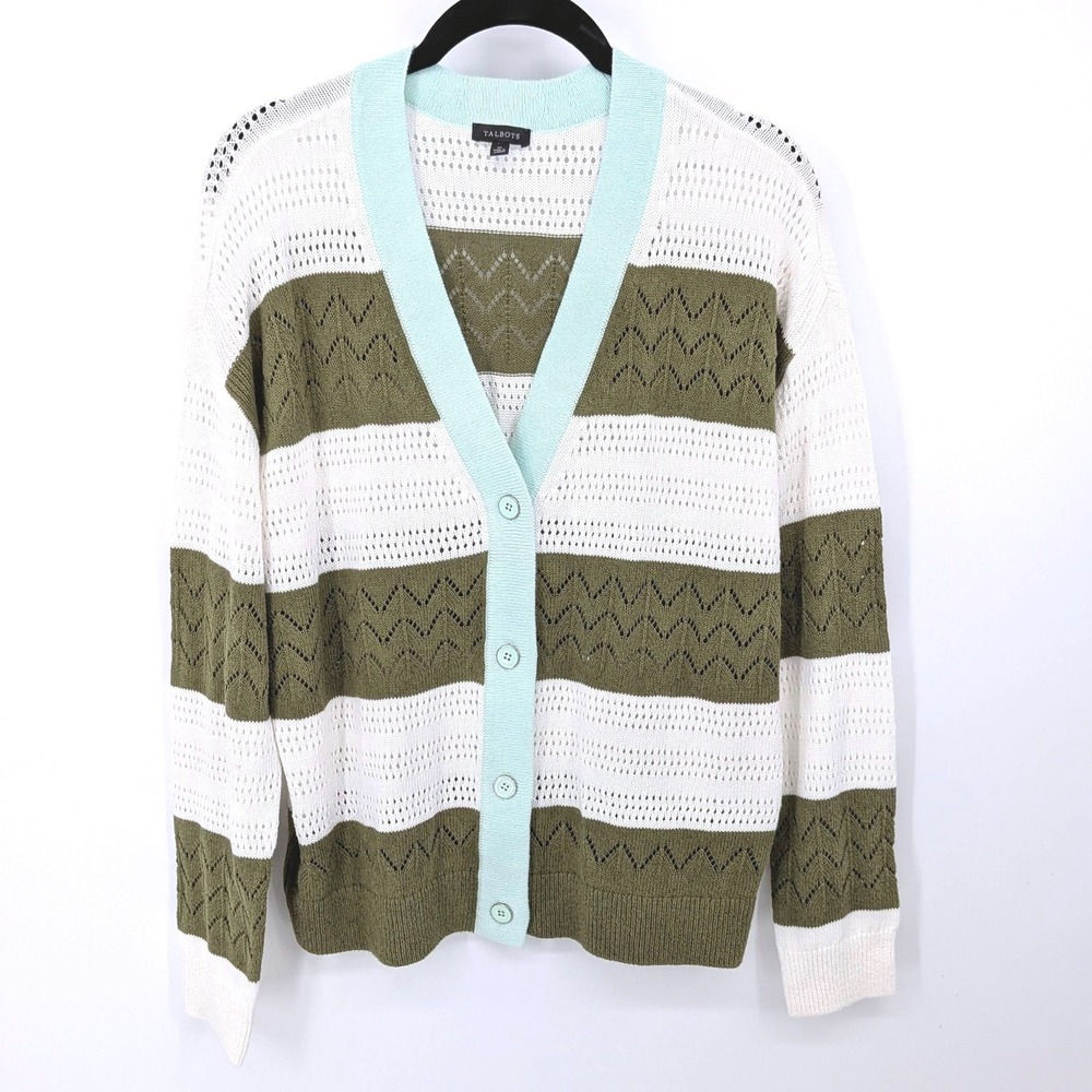 Talbots Cardigan Womens Medium Green White Striped V-Neck Pointelle Knit Cotton